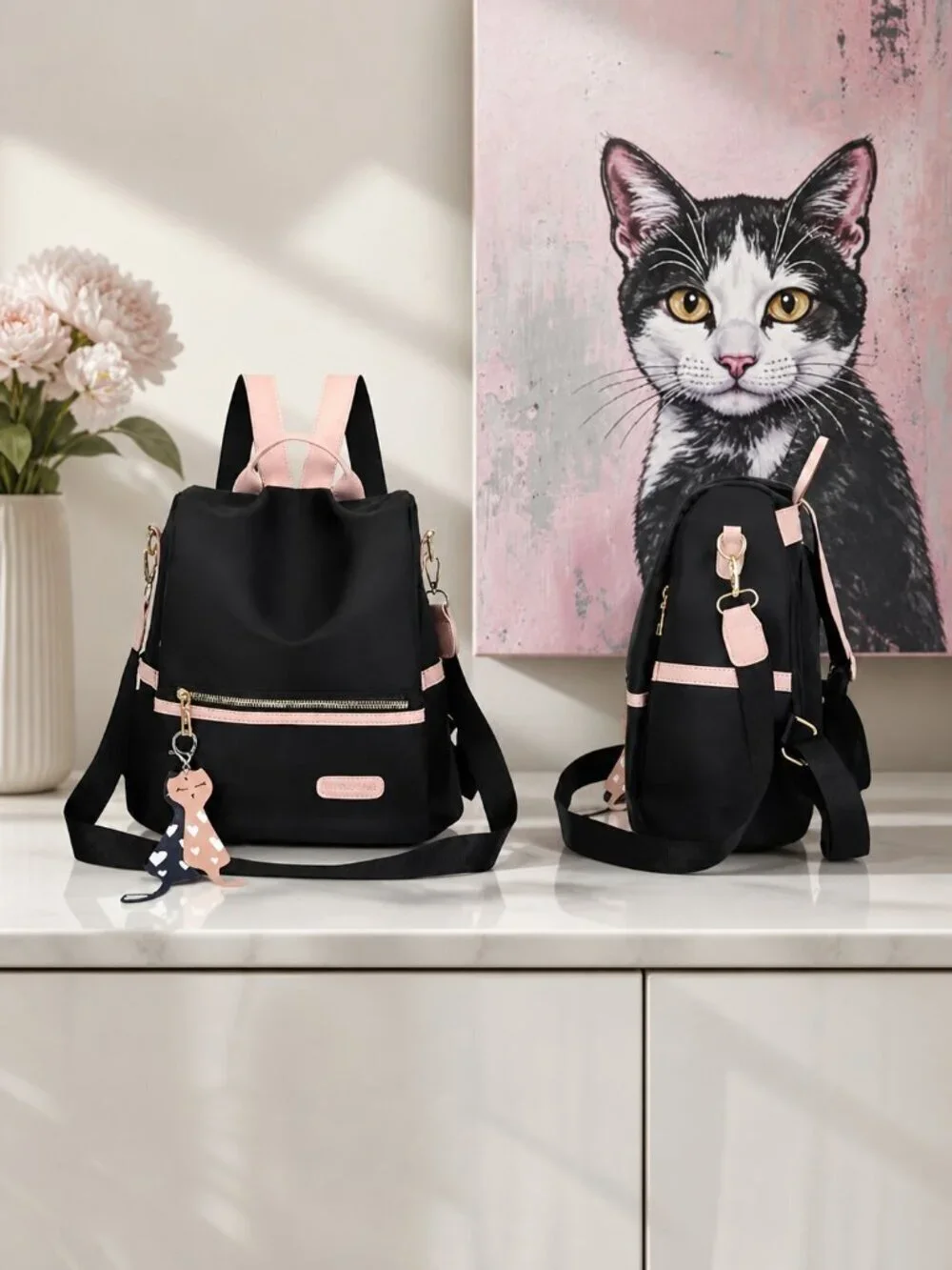 Anti-Theft Convertible Oxford Nylon Backpack Black Pink Cat Charm 3-Way Carry